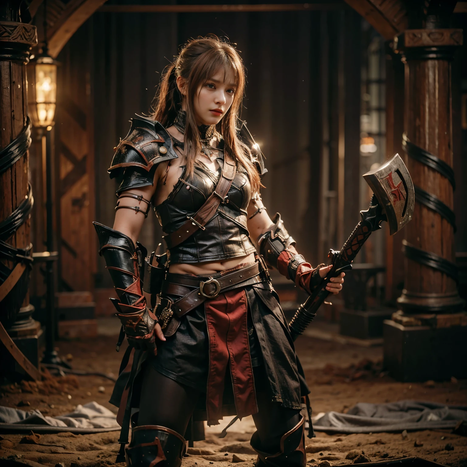 8k, best quality, highres, realistic, real person, A solitary warrior in a suspicious arena setting, without the demon lord. The warrior, lightly armored and with a sly smile, wields a large, ornately decorated axe. They have short red hair. The background is a mysterious and ominous arena, with a sense of danger and suspense. The lighting is dim and dramatic, enhancing the warrior's intense and cunning appearance.