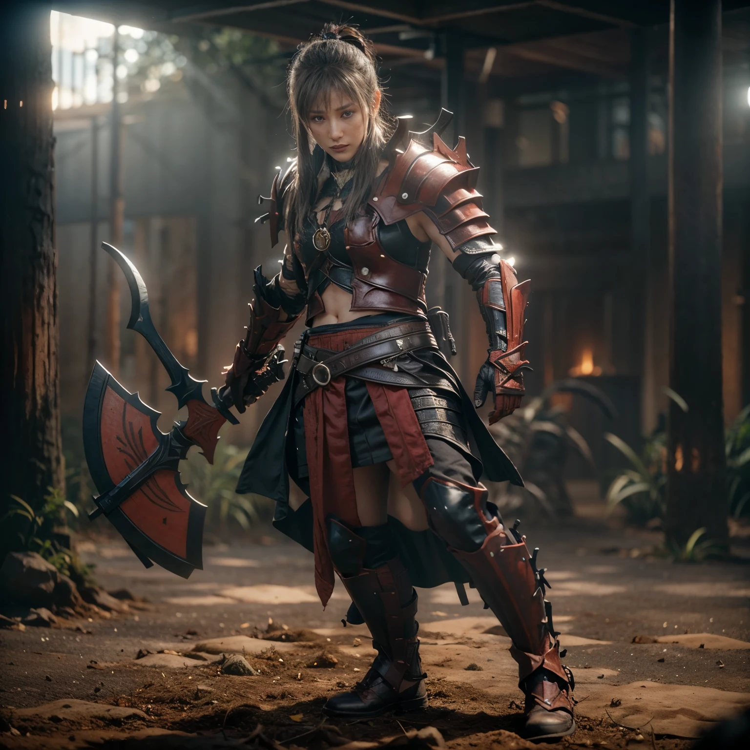 8k, best quality, highres, realistic, real person, A solitary warrior in a suspicious arena setting, without the demon lord. The warrior, lightly armored and with a sly smile, wields a large, ornately decorated axe. They have short red hair. The background is a mysterious and ominous arena, with a sense of danger and suspense. The lighting is dim and dramatic, enhancing the warrior's intense and cunning appearance.