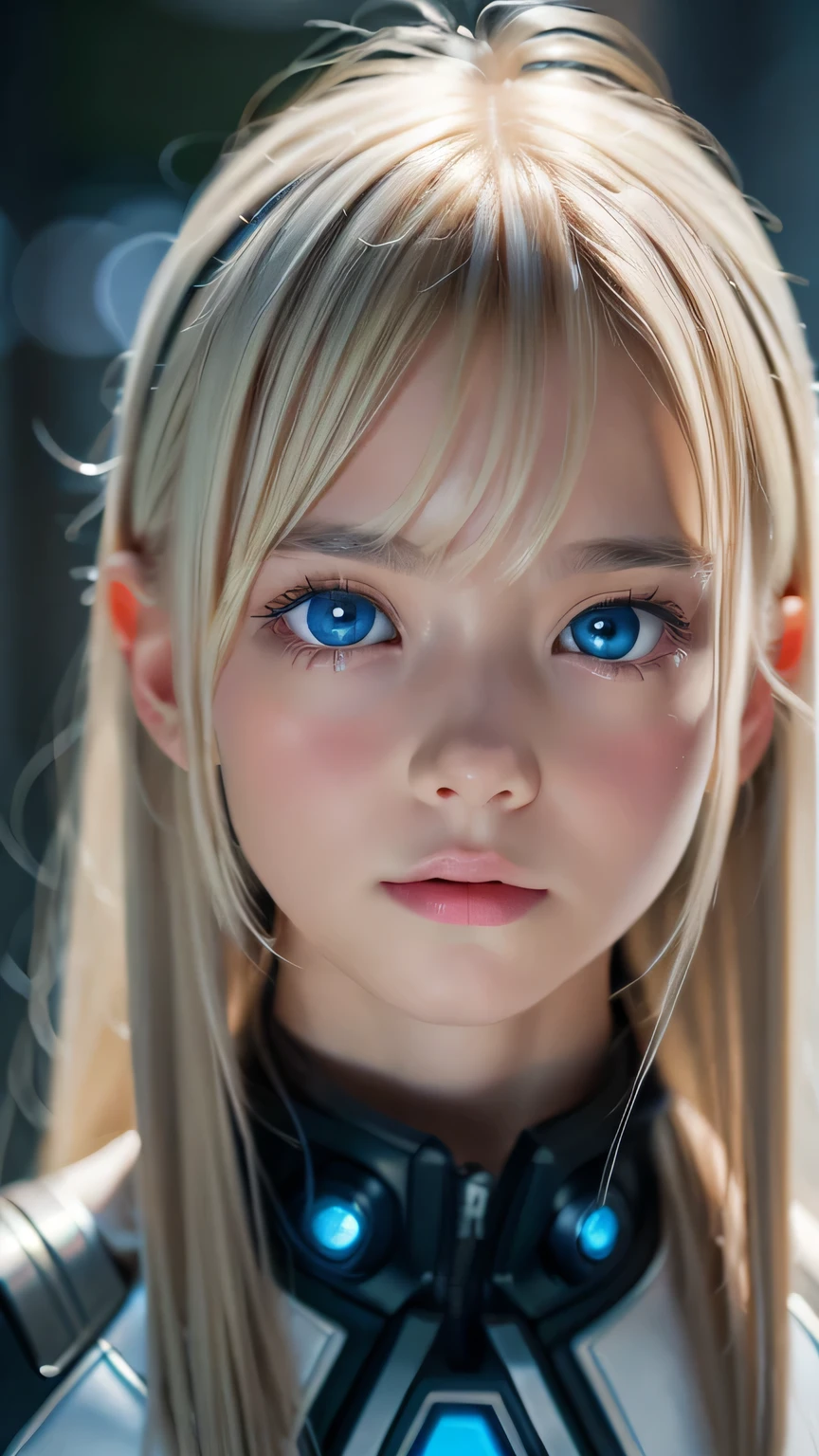highest quality、8k Masterpiece、Ultra-high resolution、(Realistic:1.3)、RAW Photos、14 year old Scandinavian girl with shiny blonde hair、Silvery blonde hair、Super long straight hair、目とBangs between the eyes、bangs on the face、Bangs that cover the eyes、片Bangs that cover the eyes、Bangs between the eyes、White and glowing skin、1. Cyberpunk Super Beautiful Soldier、((Ultra-Realistic Details))、Portraiture、Global Illumination、Shadow Realm、Octane Rendering、8k、Ultra Sharp、Metal、Cool colors、、Very intricate detail、Realistic Light、Trends of the CG Association、so beautiful, Big bright blue eyes、Very big eyes、Eyes shining at the camera、Neon Details、Small Face Beauty、Round face、Cheek highlight