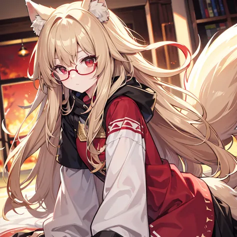 Wolf ears and tail, half blonde, half brown hair, ruby red eyes, powerful, cute, cute glasses