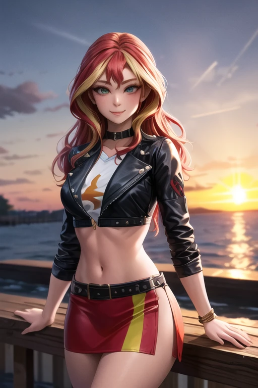 masterpiece, best quality, highres, mlpshimmer, midriff, navel, crop top, leather jacket, skirt, multicolored hair, red hair, blonde hair, medium breasts, looking at viewer, light smile, fishing pier, tranquil waters, anglers, sunset fishing, 