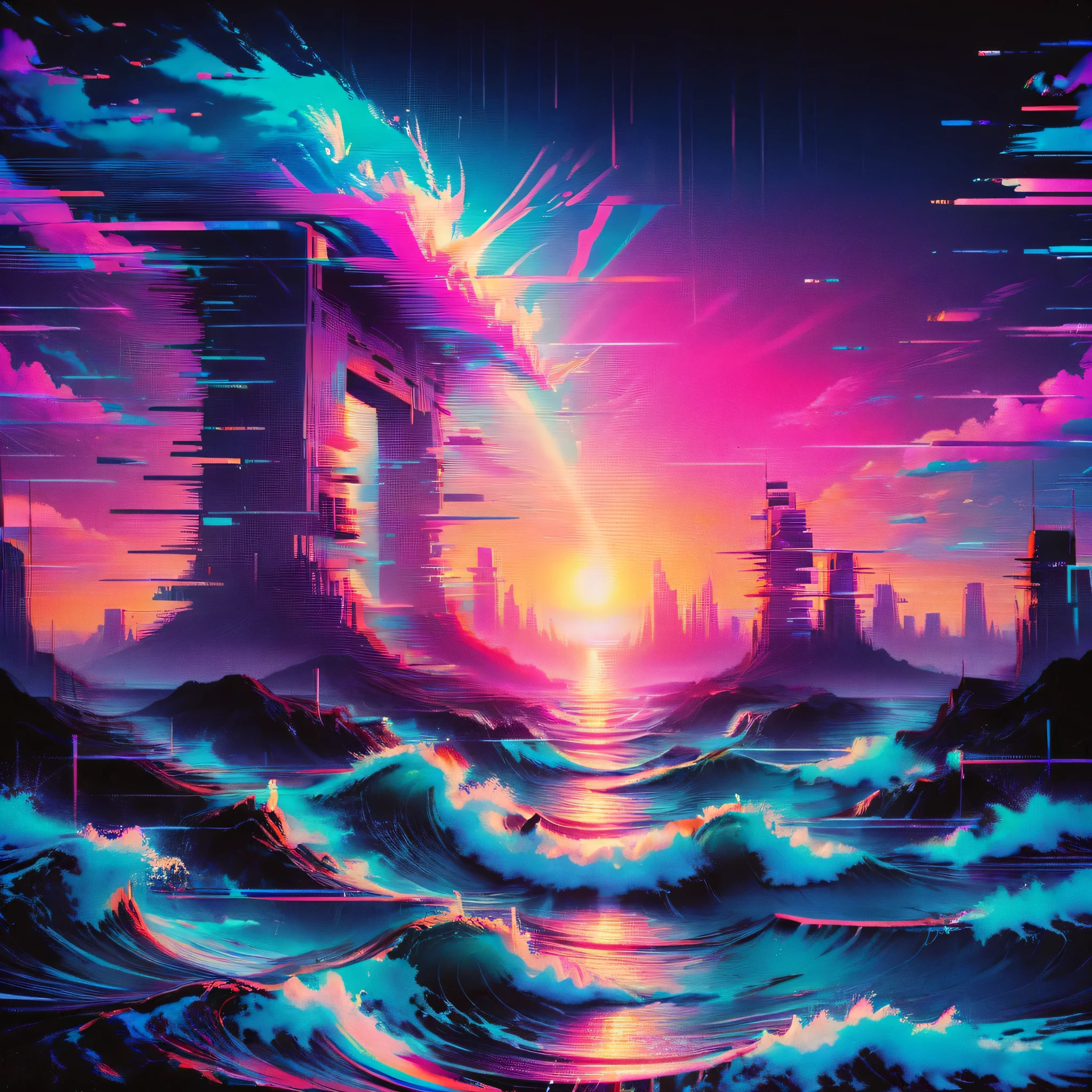 art des ondes de vapeur, esthétique des ondes de vapeur, par Cyril Rolando, néon, ral-glydch, problème vhs, panoramique, Saturation ultra élevée, (meilleure qualité, chef-d&#39;œuvre, Travail représentatif, art officiel, Professionnel, 8k)