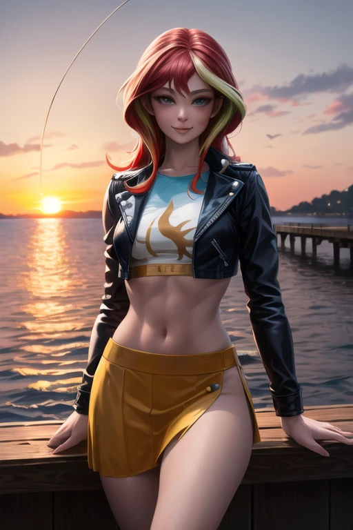 masterpiece, best quality, highres, mlpshimmer, midriff, navel, crop top, leather jacket, skirt, multicolored hair, red hair, blonde hair, medium breasts, looking at viewer, light smile, fishing pier, tranquil waters, anglers, sunset fishing, 