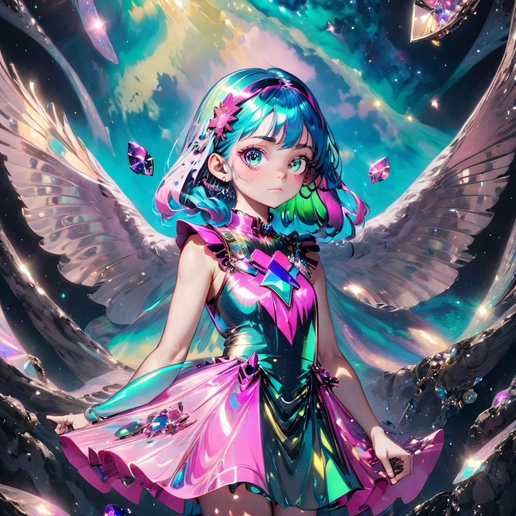 ((Surrounded by the Moon beams)) in side a Crater ((Eyes closed)) wearing an armour dress with galaxies on the surface ((holding a pink owl with green eyes. Yellow short beak. ((Is a girl with long teal mix blue hair and pink oyster diamond covered hairclips in her hair