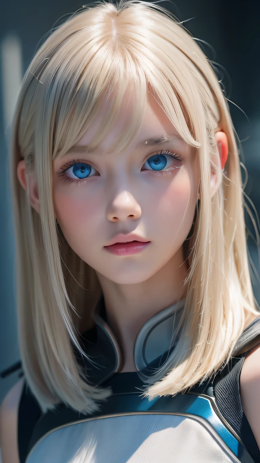 highest quality、8k Masterpiece、Ultra-high resolution、(Realistic:1.3)、RAW Photos、14 year old Scandinavian girl with shiny blonde hair、Silvery blonde hair、Super long straight hair、目とBangs between the eyes、bangs on the face、Bangs that cover the eyes、片Bangs that cover the eyes、Bangs between the eyes、White and glowing skin、1. Cyberpunk Super Beautiful Soldier、((Ultra-Realistic Details))、Portraiture、Global Illumination、Shadow Realm、Octane Rendering、8k、Ultra Sharp、Metal、Cool colors、、Very intricate detail、Realistic Light、Trends of the CG Association、so beautiful, Big bright blue eyes、Very big eyes、Eyes shining at the camera、Neon Details、Small Face Beauty、Round face、Cheek highlight