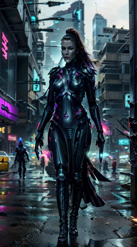 (mulher de corpo inteiro,andando),(cidade ciberpunk),(listras neon brilhantes nas botas do vestido),(cor vibrante),(Estilo ciberpunk),(ultra realistic),(banshee uivante),(Shuriken)