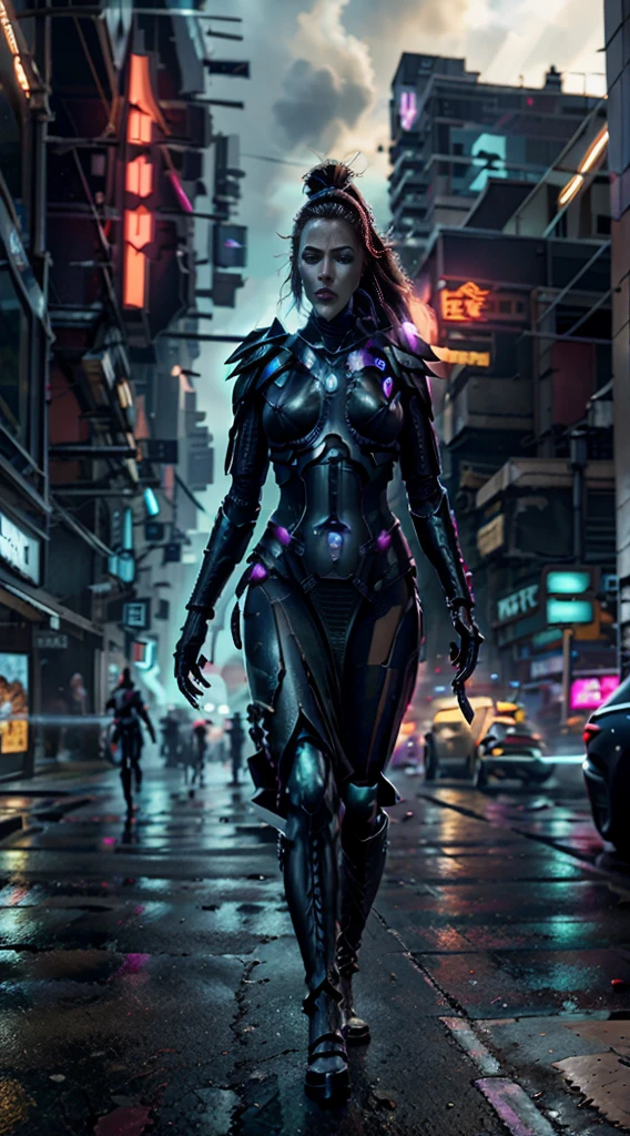 (mulher de corpo inteiro,andando),(cidade ciberpunk),(listras neon brilhantes nas botas do vestido),(cor vibrante),(Estilo ciberpunk),(ultra realistic),(banshee uivante),(Shuriken)