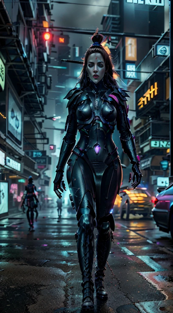 (full body woman,walking),(cyberpunk city),(glowing neon stripes on the dress's boots),(vibrant color),(cyberpunk style),(ultra realistic),(howling banshee),(shuriken)