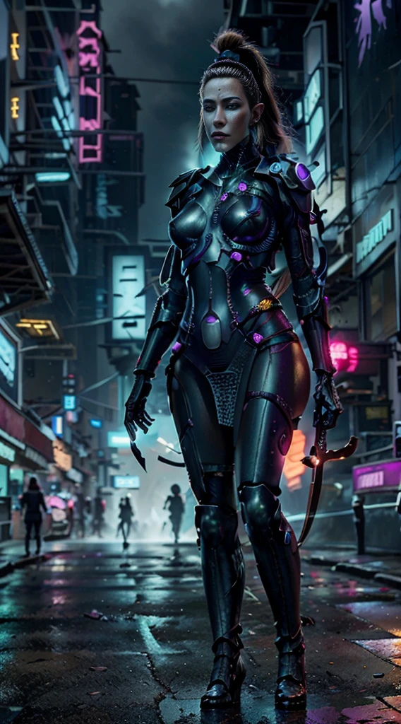 (mulher de corpo inteiro,andando),(cidade ciberpunk),(listras neon brilhantes nas botas do vestido),(cor vibrante),(Estilo ciberpunk),(ultra realistic),(banshee uivante),(Shuriken)