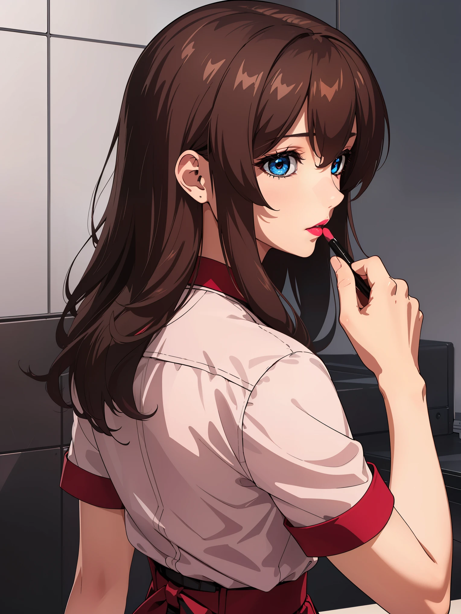 bangs,brown_hair, long_hair,red eyes,lipstick,makeup,
BREAK (white skirt, red ribbon, pink shirt, pleated skirt, bangs, neck ribbon, puffy short sleeves:1.2)
BREAK from behind,  ((magazine cover)), lineart, colorful, magazine title, text,
BREAK (masterpiece:1.2), best quality, high resolution, unity 8k wallpaper, (illustration:0.8), (beautiful detailed eyes:1.6), extremely detailed face, perfect lighting, extremely detailed CG, (perfect hands, perfect anatomy),