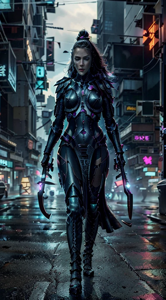 (mulher de corpo inteiro,andando),(cidade ciberpunk),(listras neon brilhantes nas botas do vestido),(cor vibrante),(Estilo ciberpunk),(ultra realistic),(banshee uivante),(Shuriken)