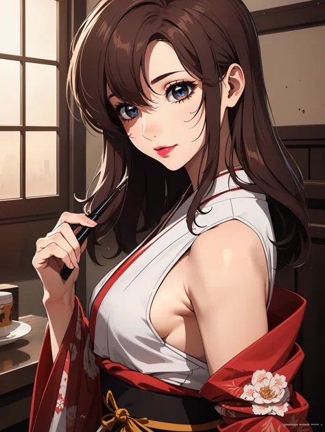 bangs,brown_hair, long_hair,red eyes,lipstick,makeup,
break (japanese clothes, kimono, sash, obi, red kimono, black kimono:1.2)
...