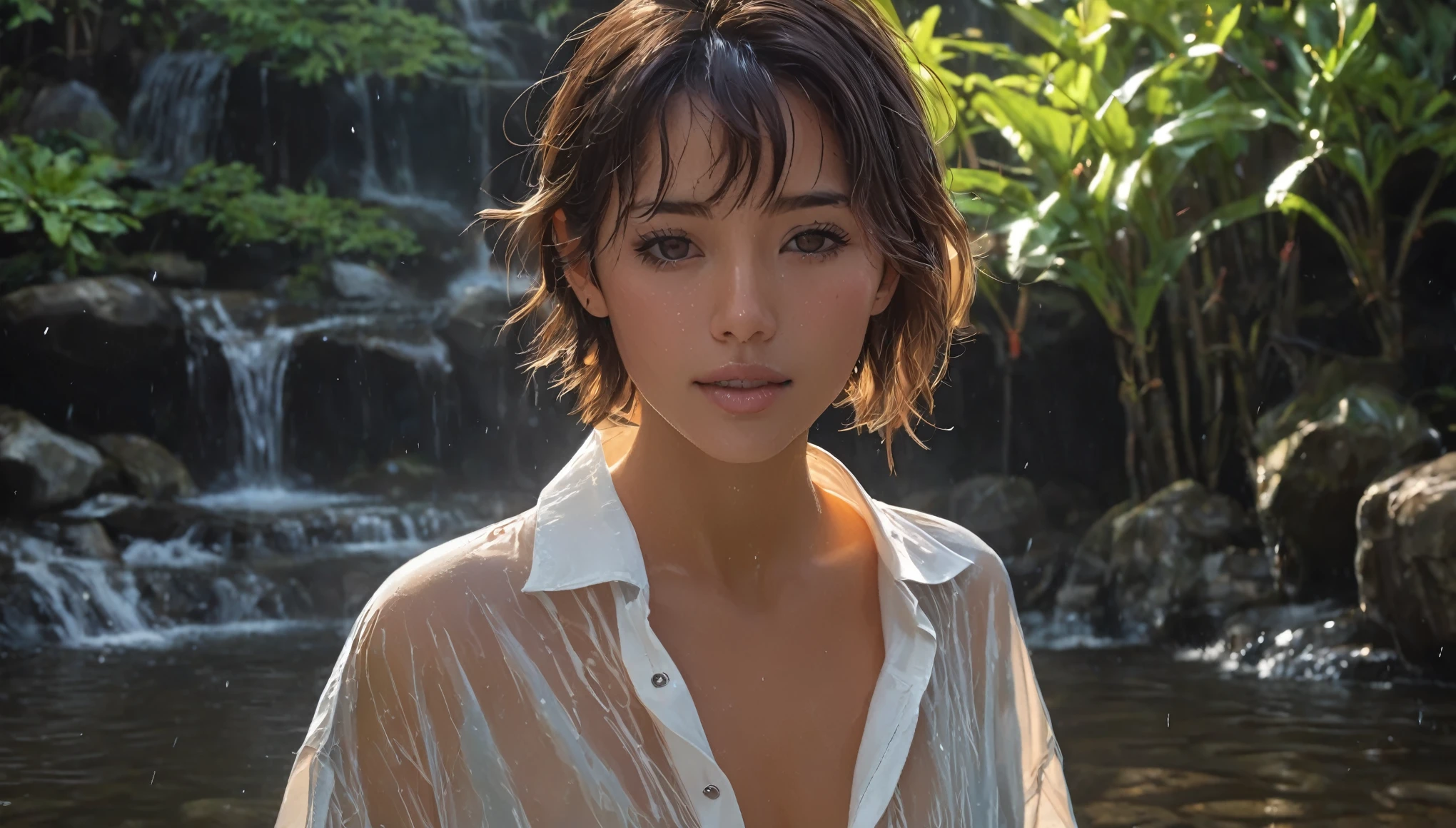 Top Quality, Masterpiece, High Resolution, 8k, wide objective, full body shot, ((cute tanned girl in a wet oversized see-through button-down tunic, deep neckline, short pixie asymmetrical hair, small perky breasts, beautiful detailed eyes, beautiful detailed lips, extremely detailed face, no lipstick, no makeup, natural teint,  in onsen, at night, very dim light from one side))