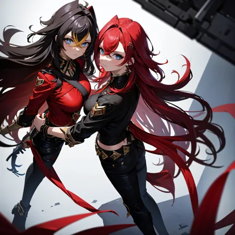 (two person) dehya. red-haired woman with green eyes, a black blouse, a red jacket, and dark tight pants.