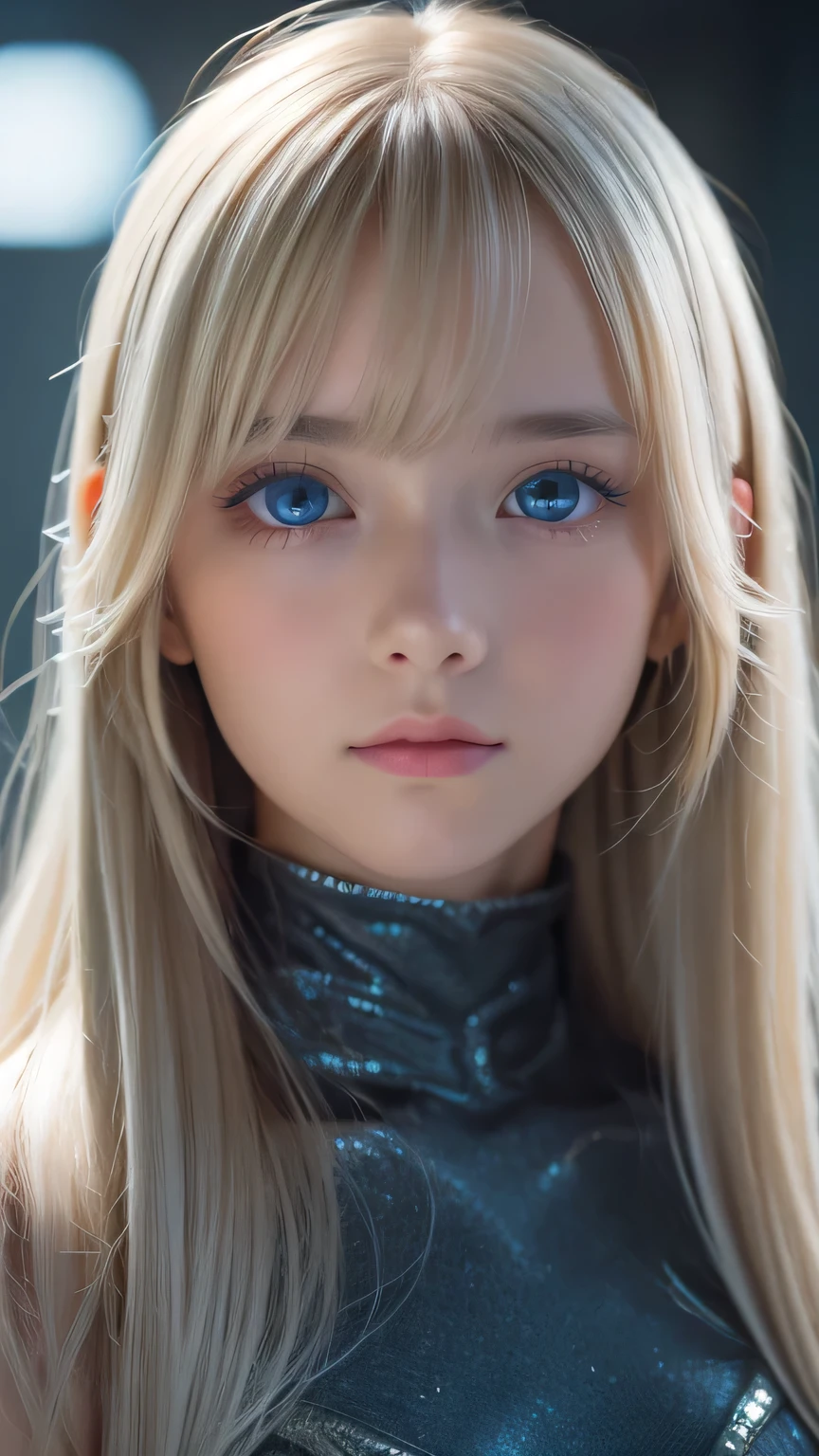highest quality、8k Masterpiece、Ultra-high resolution、(Realistic:1.3)、RAW Photos、14 year old Scandinavian girl with shiny blonde hair、Silvery blonde hair、Super long straight hair、目とBangs between the eyes、bangs on the face、Bangs that cover the eyes、片Bangs that cover the eyes、Bangs between the eyes、White and glowing skin、1. Cyberpunk Super Beautiful Soldier、((Ultra-Realistic Details))、Portraiture、Global Illumination、Shadow Realm、Octane Rendering、8k、Ultra Sharp、Metal、Cool colors、、Very intricate detail、Realistic Light、Trends of the CG Association、so beautiful, Big bright blue eyes、Very big eyes、Eyes shining at the camera、Neon Details、Small Face Beauty、Round face、Cheek highlight