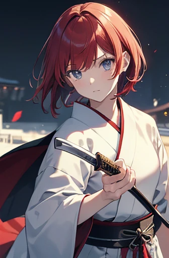 highest quality, masterpiece, pastel, Fair skin, slim, nice, One girl, Battle Scenes, captain, Samurai of the future, Japanese Samurai Girl, Red Hair, I々has, Wearing a white kimono and a black cloak,Short Hair, Holding a sword, Holding a sword