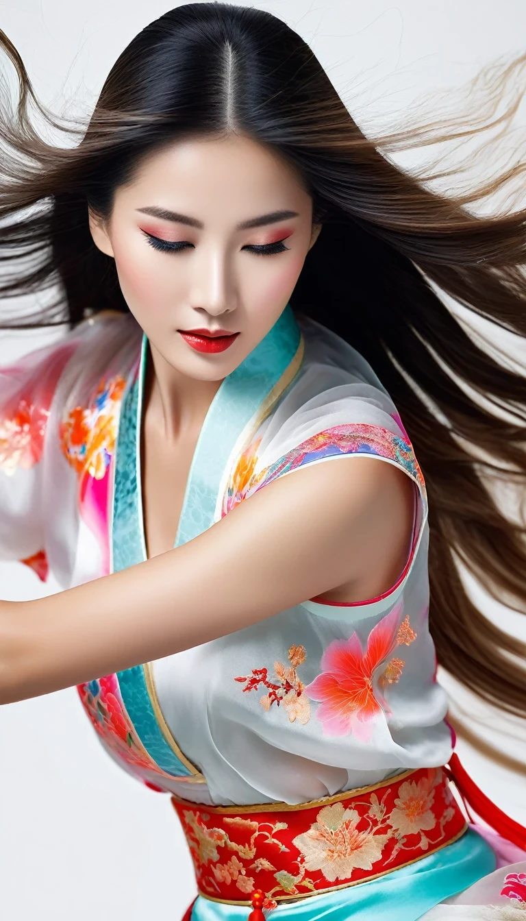 Motion blur, Black and white close-up, White background, (A beautiful girl in colorful Chinese clothing is enthusiastically playing the Chinese drum), There are translucent dormant air particles at the hem of the skirt, Professional fashion photography, super macro, Abnormally long wavy hair flying wildly, Super fine texture, Tilt movements of the hands and face, Poster Style, minimalist, Nikon, Hasselblad, Canon, Fujifilm, 16K