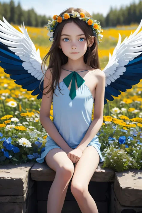 portrait of a girl standing in the flowers, dark blue and white rose, green eyes, orange long hair, Ukraine girl, white tone col...