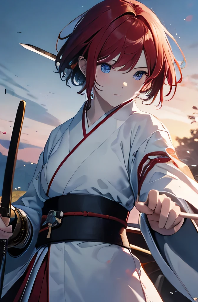 highest quality, masterpiece, pastel, Fair skin, slim, nice, One girl, Battle Scenes, captain, Samurai of the future, Japanese Samurai Girl, Red Hair, I々has, Wearing a white kimono and a black cloak,Short Hair, Holding a sword, Holding a sword