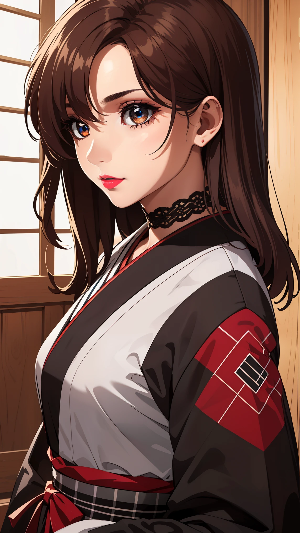 bangs,brown_hair, long_hair,red eyes,lipstick,makeup,
BREAK (lace choker, plaid, japanese clothes, (checkered kimono:1.1), wide sleeves, fishnet gloves, hakama skirt:1.2)
BREAK crotch rope walking, (beads:1), from side, shibari, arms behind back,
BREAK (masterpiece:1.2), best quality, high resolution, unity 8k wallpaper, (illustration:0.8), (beautiful detailed eyes:1.6), extremely detailed face, perfect lighting, extremely detailed CG, (perfect hands, perfect anatomy),