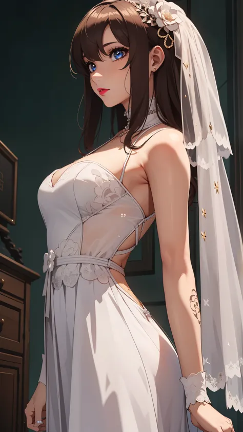 bangs,brown_hair, long_hair,red eyes,lipstick,makeup,
break (wedding dress:1.2)
break crotch rope walking, (beads:1), from side,...