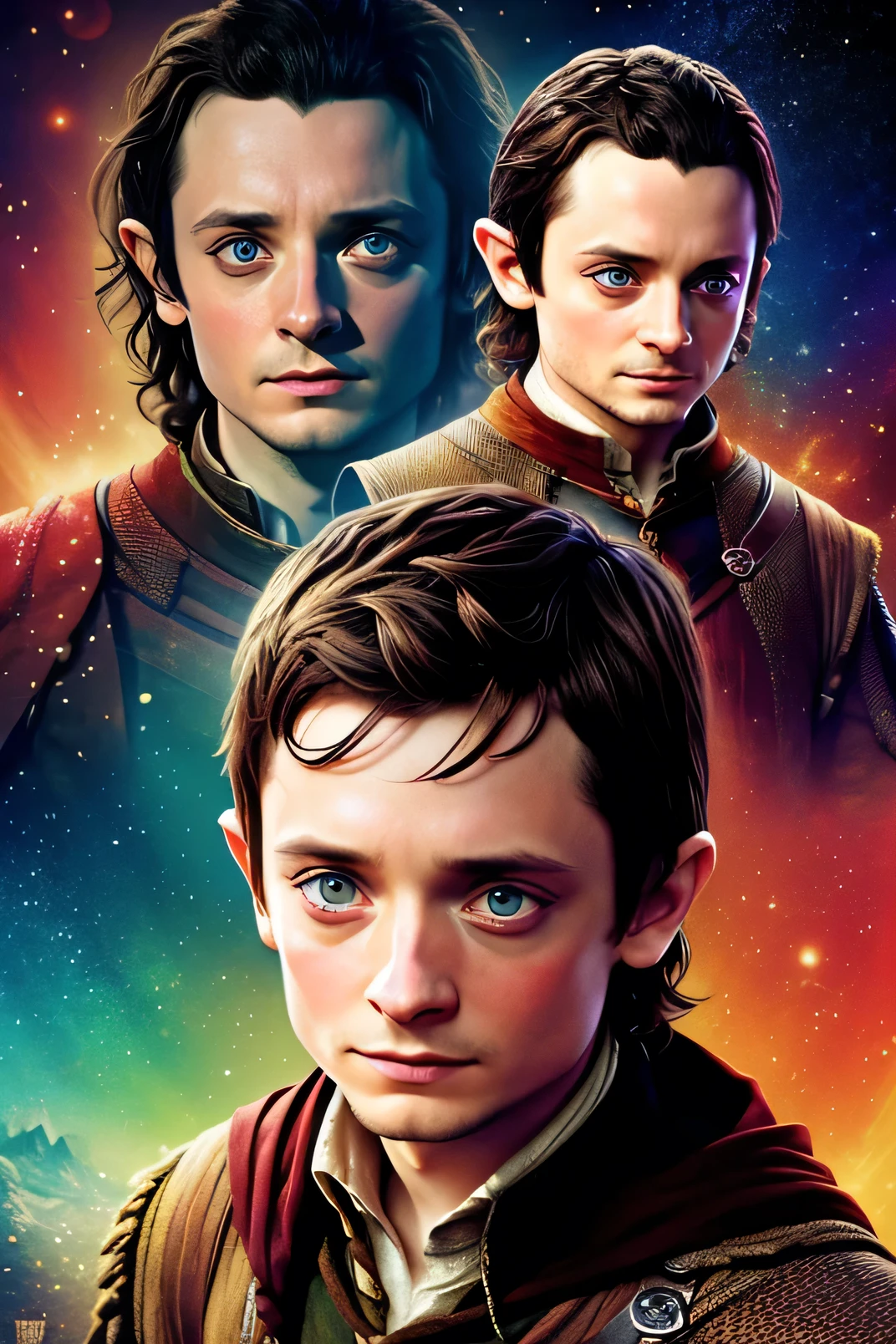 Actor Elijah Wood from The Lord of the Rings, detailed representation of the face, detailed background, random pose, high resolution, detailed random colorful background, light background, colorful background, half body shot, random pose, half body, detailed eyes, detailed face, high resolution