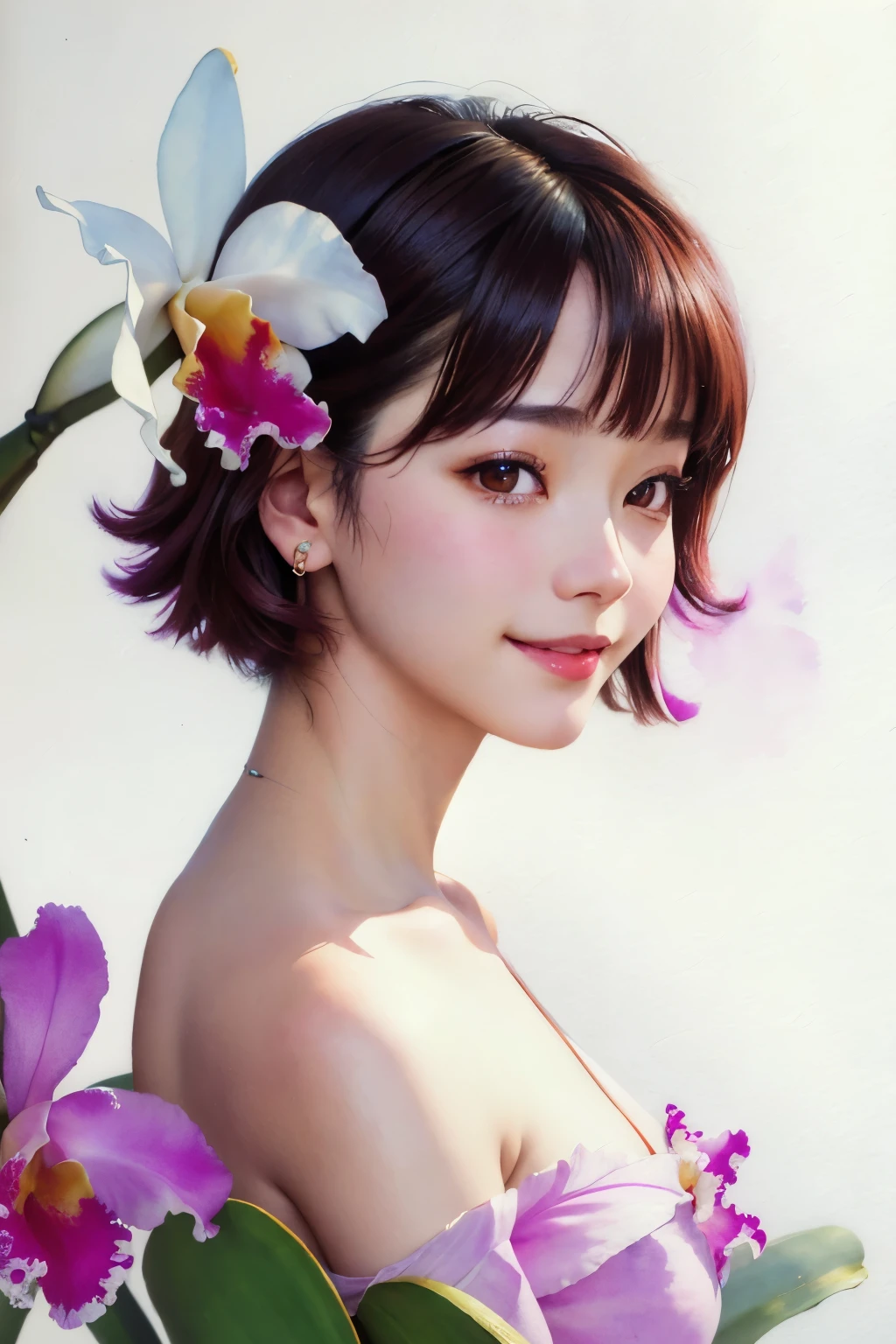 (highest quality、High resolution、masterpiece)、4K Anime Art、((Cattleya, Three Flowers, close, whole body, full bloom, ))、(Fairy、Short Hair、A kind smile、Small breasts)、Soft Focus、((Sargent-style watercolor))、((White Background))、(No background)、Blur the background、
