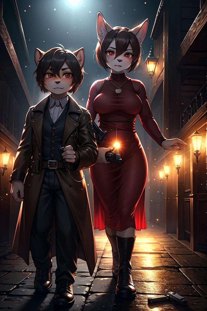 resident evil 4 style , Bokeh , (1 hairy mature rabbit Ada Wong and 1 casual wear hairy dog Leon S. Kennedy couple) , Short stature , curvy , hige , realistic hairy fur , Round face, swollen cheeks, moist round eyes , see-through dress , in the midnight haunted mansion , moonlight , (flare:1.2) , Ready handgun , Use a beam light to cover areas that are inappropriate for viewing at work