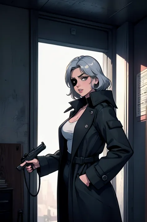 imagined a cartoon sexy milf whit silver hair and a eye patch on the left eye detective woman in a trench coat holding a revolve...