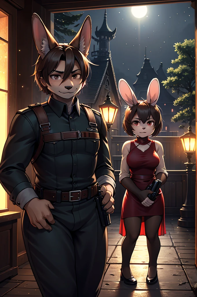 resident evil 4 style , Bokeh , (1 hairy mature rabbit Ada Wong and 1 casual wear hairy dog Leon S. Kennedy couple) , Short stature , curvy , hige , realistic hairy fur , Round face, swollen cheeks, moist round eyes , see-through dress , in the midnight haunted mansion , moonlight , (flare:1.2) , Ready handgun , Use a beam light to cover areas that are inappropriate for viewing at work