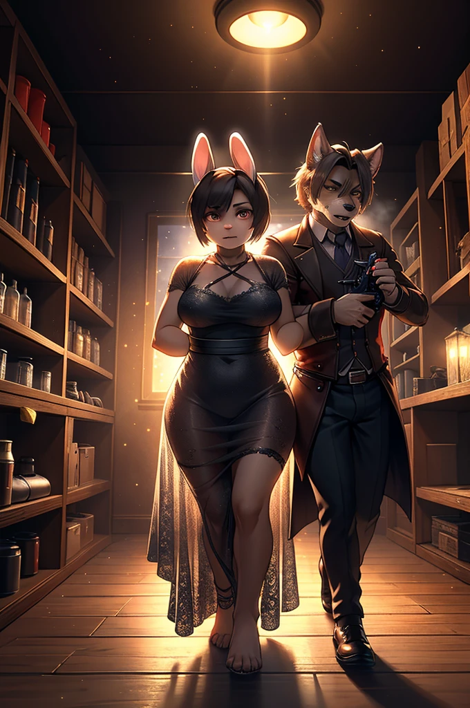 resident evil 4 style , Bokeh , (1 hairy mature rabbit Ada Wong and 1 casual wear hairy dog Leon S. Kennedy couple) , Short stature , curvy , hige , realistic hairy fur , Round face, swollen cheeks, moist round eyes , see-through dress , in the midnight haunted mansion , moonlight , (flare:1.2) , Ready handgun , Use a beam light to cover areas that are inappropriate for viewing at work