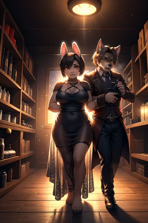 resident evil 4 style , bokeh , (1 hairy mature rabbit ada wong and 1 casual wear hairy dog leon s. kennedy couple) , short stat...