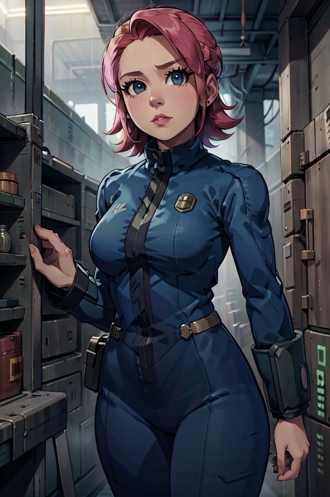 Mayl Sakurai reimagined as a vault dweller, doing maintenance in an underground vault. Her vibrant pink hair stands out against the dimly lit environment. She is a 26-year-old woman dressed in a vault dweller jumpsuit, indicative of her role in the post-apocalyptic world. The jumpsuit is worn but still functional, reflecting the harsh conditions of life underground. Her face is beautifully detailed, with expressive eyes that convey determination and intelligence. Her lips are also well-defined, adding to her overall allure.

In the vault, Mayl Sakurai is seen operating a pipboy, a wrist-worn device that serves as an essential tool and information hub for survival in the vault. The pipboy's screen emits a soft glow, illuminating Mayl's face and casting a subtle green hue on the surroundings. The details on the pipboy, from its buttons to its display, are extremely detailed, showcasing its futuristic design.

The underground vault is filled with mechanical equipment and pipes, emphasizing the importance of maintenance in this post-apocalyptic world. The atmosphere is gritty and industrial, with a hint of mystery and danger. The lighting is dim and has a hint of blue tones, enhancing the underground ambiance.

Despite the grim surroundings, Mayl Sakurai exudes confidence and strength as she jumps into action, ready to fulfill her duties as a vault dweller. Her posture and expression suggest that she is prepared to face any challenge that comes her way.

The image quality should be at its best, with 4K resolution and ultra-detailed rendering, capturing every intricate detail of the scene. The colors should be vivid, emphasizing the contrast between Mayl's vibrant pink hair and the dimly lit environment. The overall style should lean towards a post-apocalyptic concept art aesthetic, blending realism with a touch of fantasy.

In summary, the Stable Diffusion prompt for the provided theme would be:
Mayl Sakurai reimagined as a vault dweller, doing maintenance in an undergr