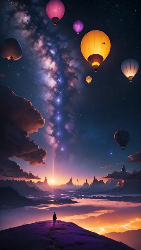An otherworldly, surreal landscape with a vibrant purple and golden sky filled with sparkling stars and hot air balloons floatin...