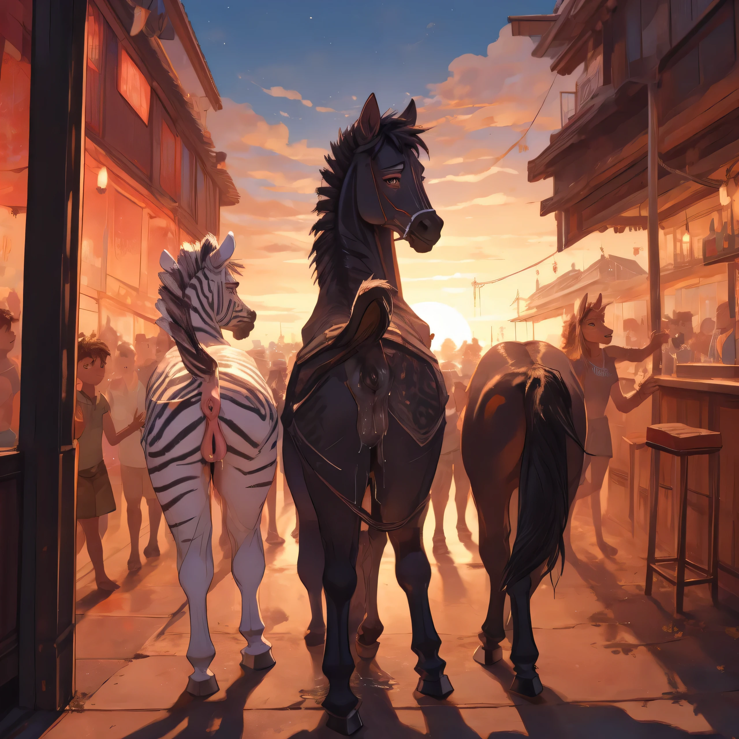 feral zebra, horse pussy, anus, pussy juice, nightclub, sunset, kids watching, in public, blush, panties pulled down