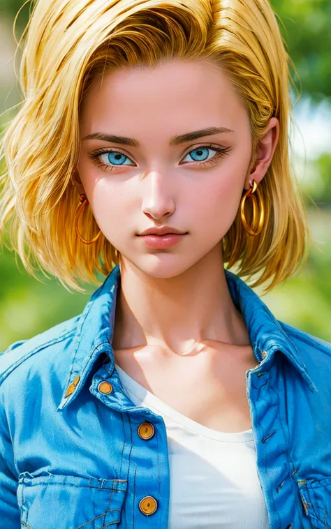 (masterpiece, best quality), realistic version of android18, earrings, denim, belt upper body, focus face, perfect face, emily r...