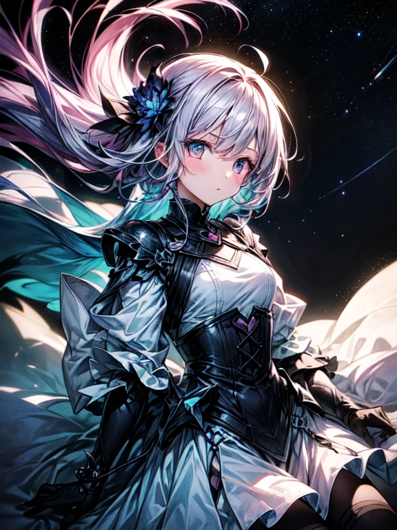 ((masterpiece,Best quality)),(negative space:1.4),(1 Girl, One:1.4),beautiful detailed eyes,floating pastel pink and lavender hair, Lavender eyes, at night, starry sky, The stars are shining