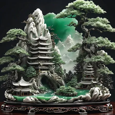 best quality, very good, 16K, ridiculous, Extremely detailed, Gorgeous mountain，pine，Monk，Made of white and black jade, Backgrou...
