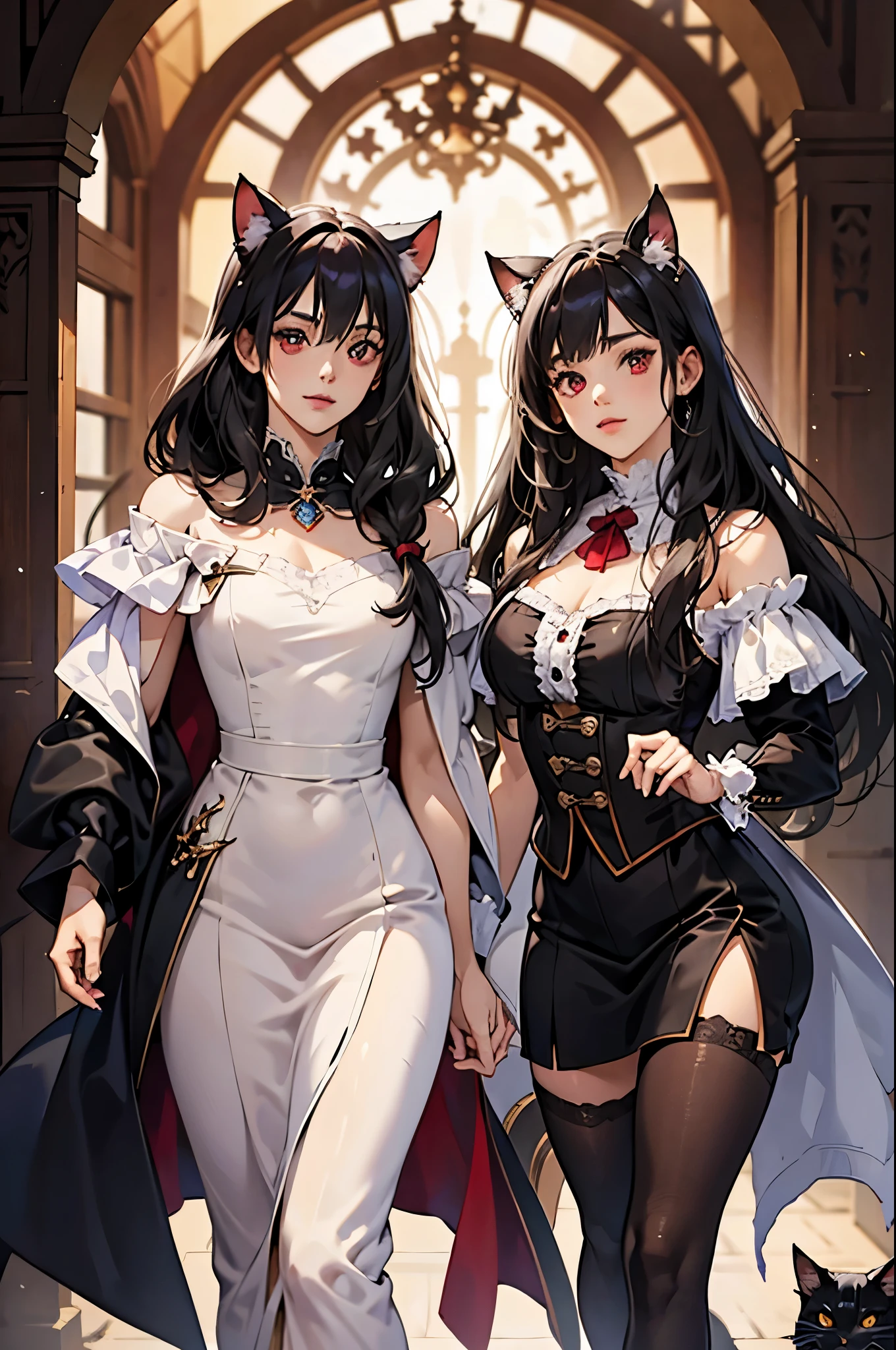 Castlevania 1 40 year old boy The Lord of Shadows hyper-realistic super detailed Lord Dracula and 1junkotvv girl black hair with cat ears, ojos rojos 