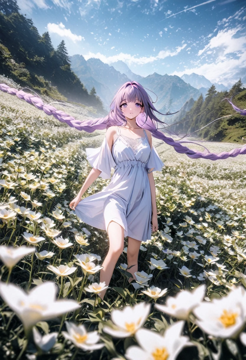 開闊的白花田野風景照片, 一個紫髮女孩站在花田裡，仰望藍天, 藝術圖形藝術, 專業的, 4k, 非常詳細