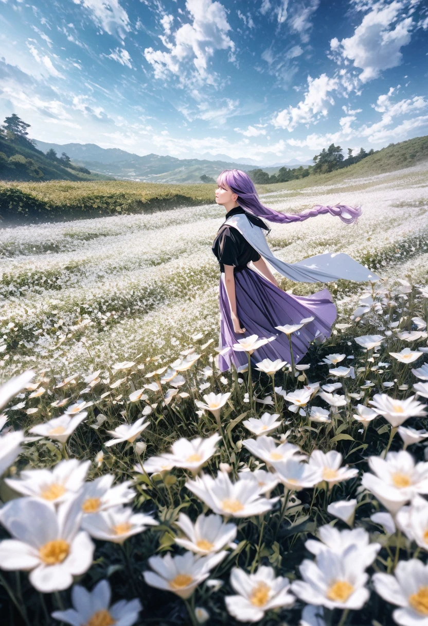 Wide open field of white flowers landscape photo, A purple-haired girl stands in a flower field and looks up at the blue sky, Art Graphic Art, professional, 4k, Very detailed