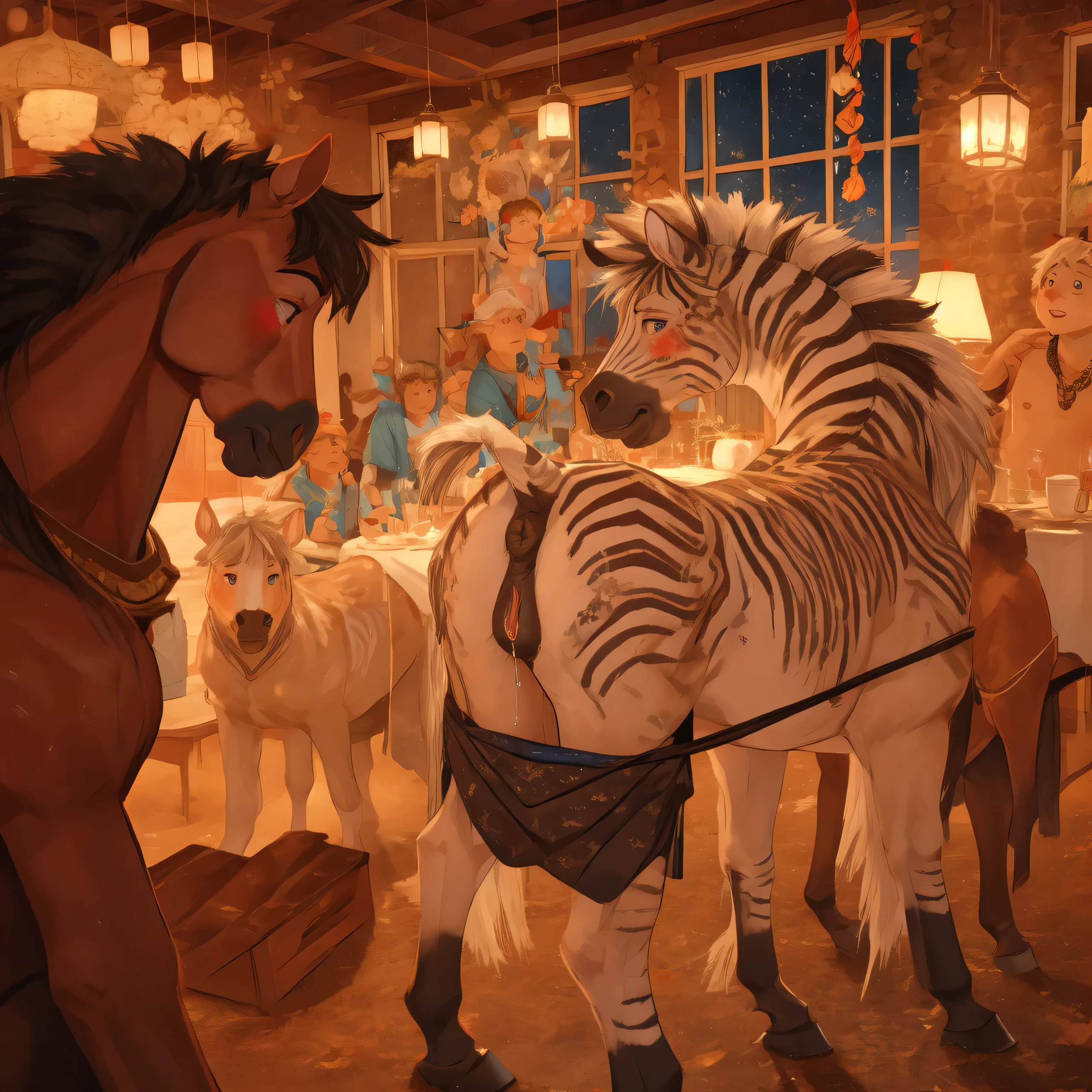 Zebras and horses are standing in a room with a table and chairs - SeaArt AI