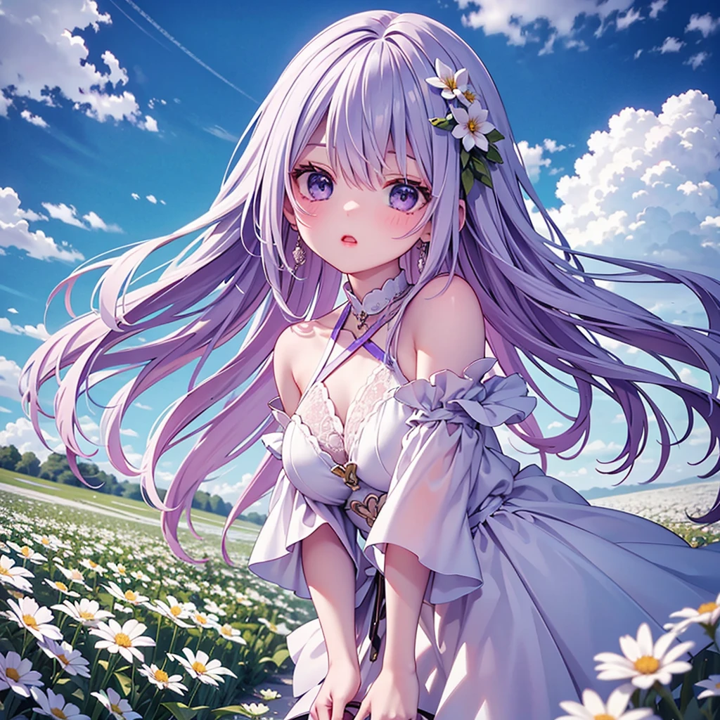 广阔的白色花朵景观照片, 一个紫发女孩站在花田里，仰望蓝天, 艺术平面艺术, 专业的, 4K, 非常详细