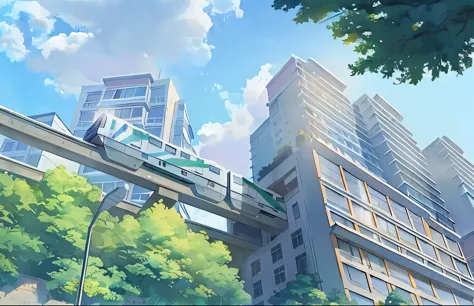 cartoon city scene with a train passing over a bridge, xin haicheng. —h 2160, style of xin haicheng, inspired author：shinkai mak...