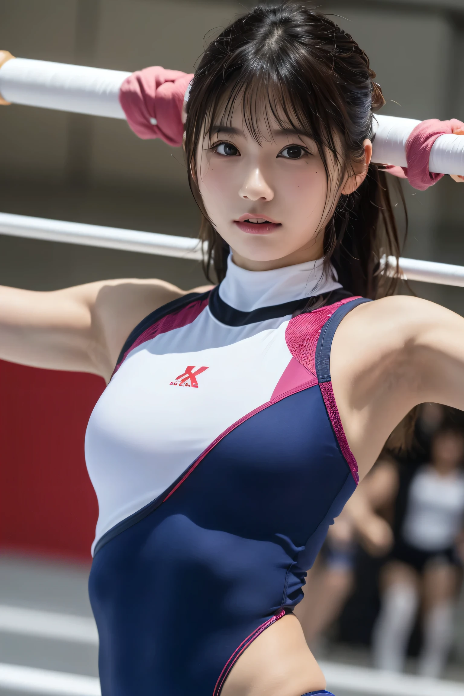 (8k, RAW Photos,highest quality, High resolution:1.1), (Super realistic:1.4),(Realistic, Realistic:1.3),Japanese beauty、((Upper Body:1.3))、Gymnastics Team - flexible leotards and grips