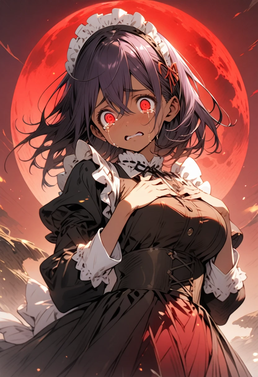 masterpiece, best quality, extremely detailed, high resolution, cowboy shot, ((no hat:1.3)), Japanese anime, 1girl, BREAK (purple colored hair:1.2), (medium hair:1.2), hairs between eyes, crossed bangs, (maid headband:1.2), hairpin, BREAK(scarlet eyes), (tareme, with eyelashes), ((beautiful detailed eyes:1.3)), with crazy eyes, lamentation, tearful, watery eyes, 17 -year-old ,164cm tall, sad, (crying:1.3), glamor, large breasts, BREAK ((dark skin:1.3)), original character, fantasy, BREAK(red night, red moon, red background:1.2), ((beautiful fingers:1.3)), BREAK (standing:1.3), (hand on own chest), BREAK (brown colored corset long dress, frills, (long sleeves:1.2)), (long black boots), shoot from front, looking at viewer