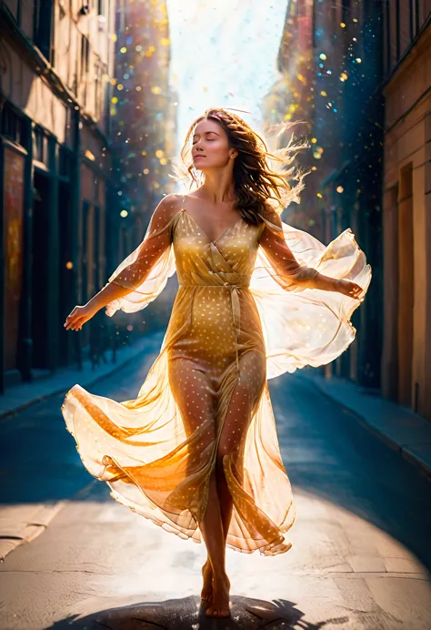 A sexy brown-haired woman in a translucent airy polka dot dress fluttering in the wind barefoot on a clean street holds the dres...