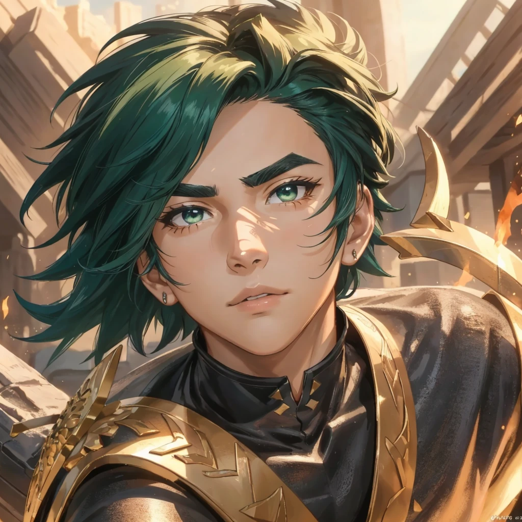 Masterpiece, top-tier anime quality, 16K UHD,
Standing,
Fantasy battle scene, 1 warrior boy,
Attention-grabbing green hair, a vibrant contrast,
Blacksmith's attire, meticulously detailed,
Strong, rugged skin, showcasing countless hours of work,
Detailed facial features, expressing a confident yet humble demeanor,
Green eyes, reflecting the warrior's unyielding spirit,
Energetic and lively eyebrows,
Glossy skin, a testament to his strength,
Dark complexion: 1.2,
Sharp focus on the face