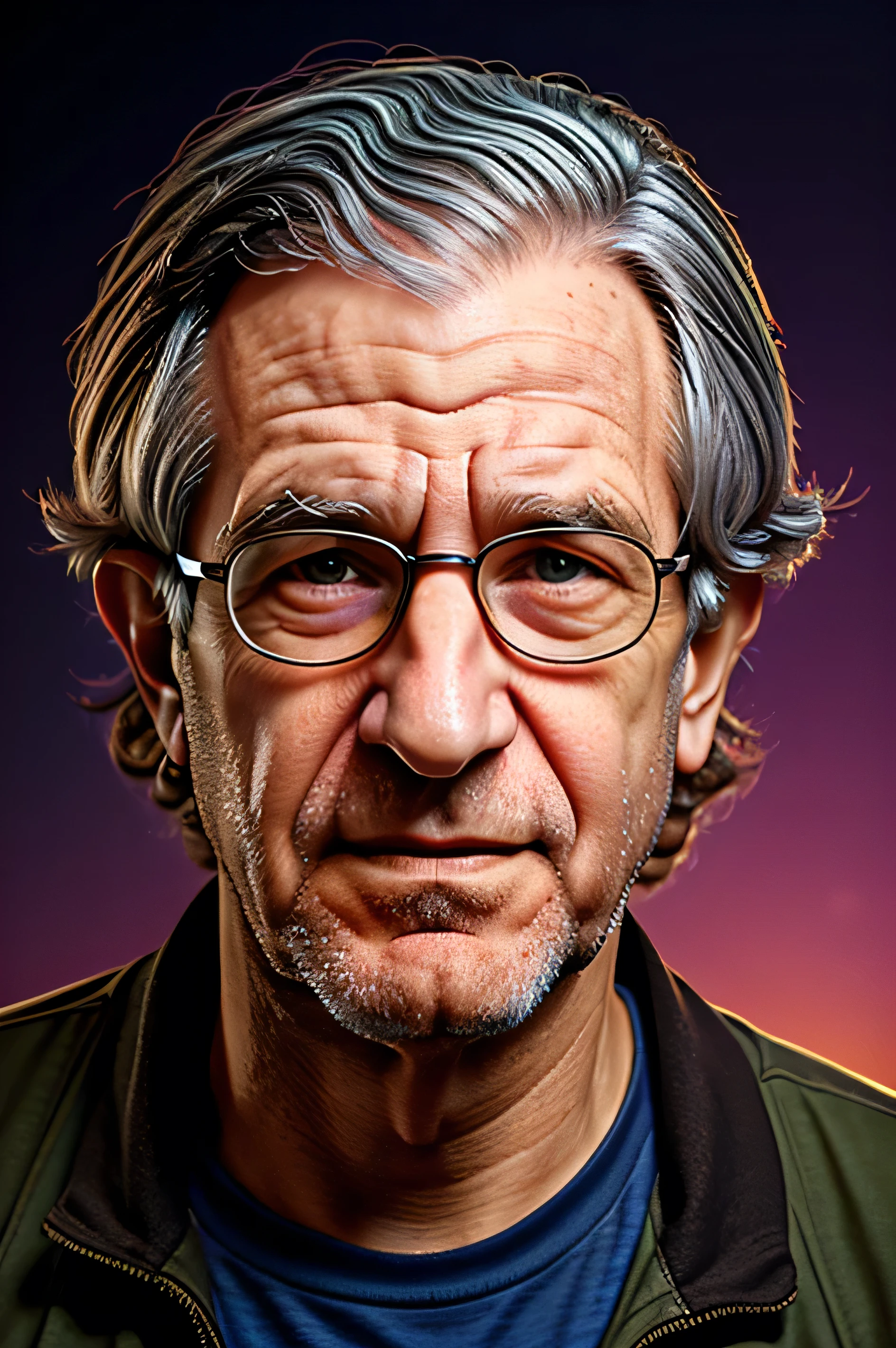 linguist Noam Chomsky, detailed representation of the face, detailed background, random pose, high resolution, detailed random colorful background, light background, background, half body shot, random pose, half body, detailed eyes, detailed face, high resolution