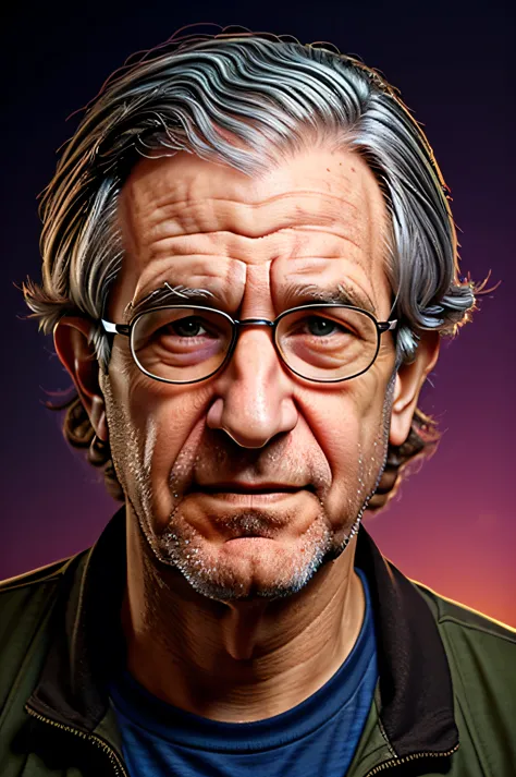 linguist noam chomsky, detailed representation of the face, detailed background, random pose, high resolution, detailed random c...